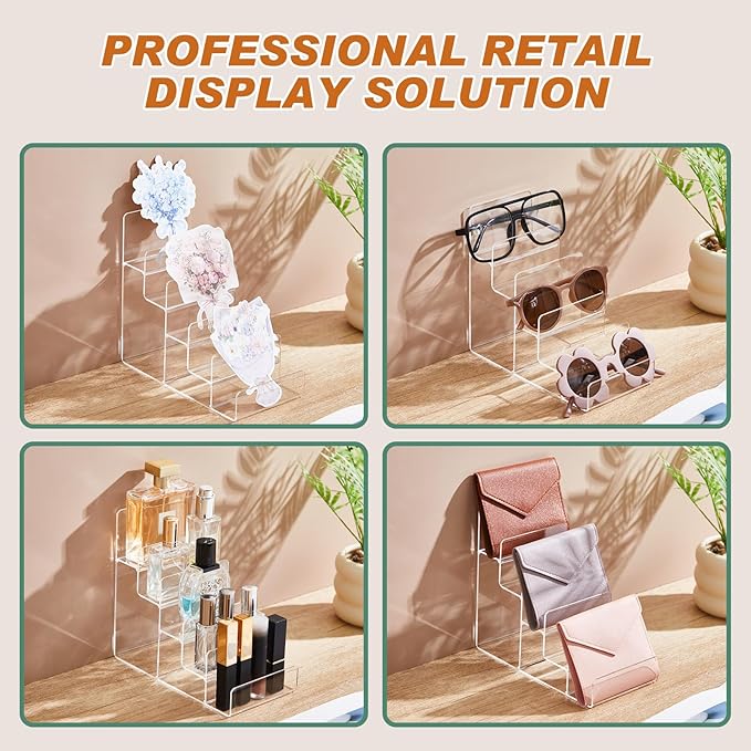 Kathfly 2 Pack Acrylic Display Stand for Purses & Wallets, Clear Riser Organizer Shelf for Perfume, Sunglasses, Cosmetics, Tiered Countertop Vendor Display for Fairs, Retail (5-tier)