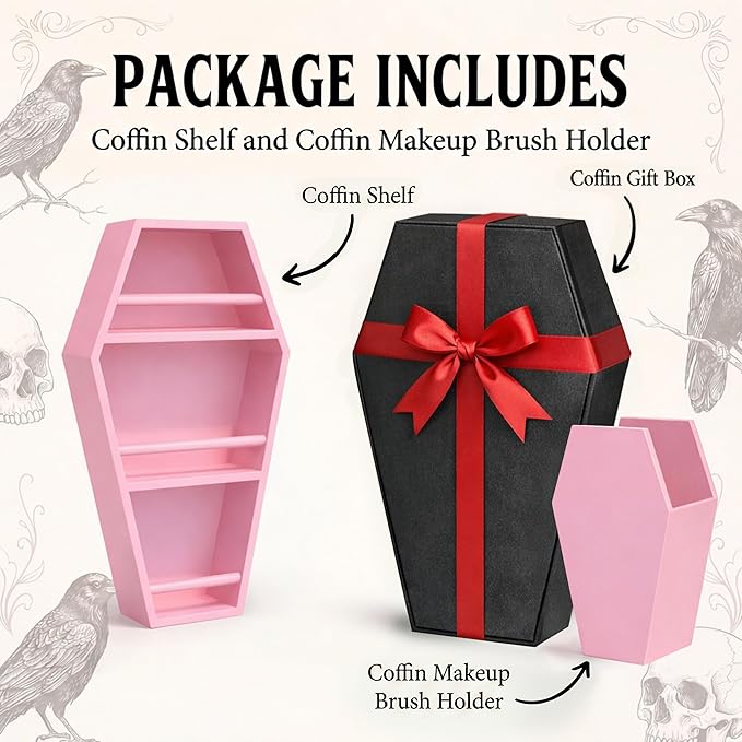 MANNY'S MYSTERIOUS ODDITIES Coffin Shelf Gothic Makeup Organizer Set with Brush Holder & Gift Box, Gothic Decor Accent for Glam Vanity or Spooky Gifts Display - 15 Inches by 8 Inches (Pink)