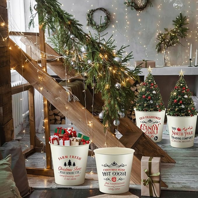 Moxweyeni 4 Pcs Christmas Galvanized Bucket 5.9'' Farmhouse Metal Basket Bucket Planters Pot Rustic Decorative Tin Farmhouse Vintage Flower Holder Decor for Xmas Home Outdoor Indoor Storage Decor