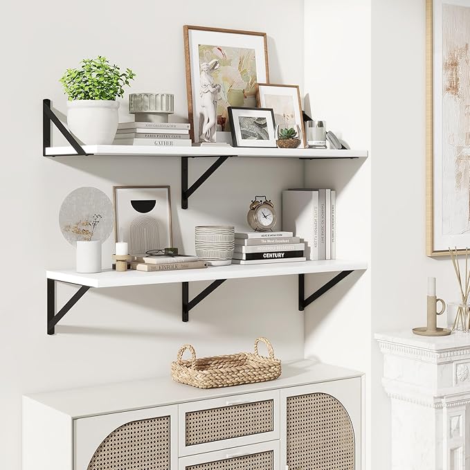 Marsmiles White Floating Shelves for Wall - 36 Inch Wide x 12 Inch Deep Wall Shelves Set of 2 - Wood Floating Shelves for Living Room Bedroom Bathroom