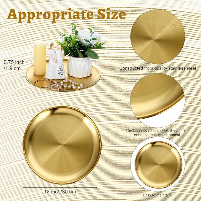 6 Pack Gold Tray Decorative Serving Decorative Gold Jewelry Bar Jewelry Dish Key Bowl Mirror Dresser Vanity Tray Makeup Organizer for Bathroom Candle Perfume Countertop(12 Inch)