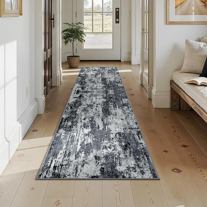 RELEANY Washable Area Rugs 2x9 Non-Slip Modern Abstract Soft for Living Room Entryway Bedroom Nursery, Print Pattern, Black Navy Blue Gray