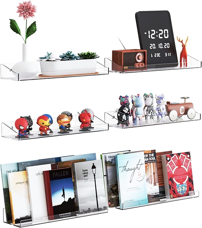 Yieach Clear Acrylic Shelves for Wall with Adhesive,6 PCS 15" No Drill Floating Shelves for Bedroom,Bathroom,Wall Display Shelf for Funko Pop,Lego,Collectibles,Action Figures,Nail Polish,Perfume Shelf