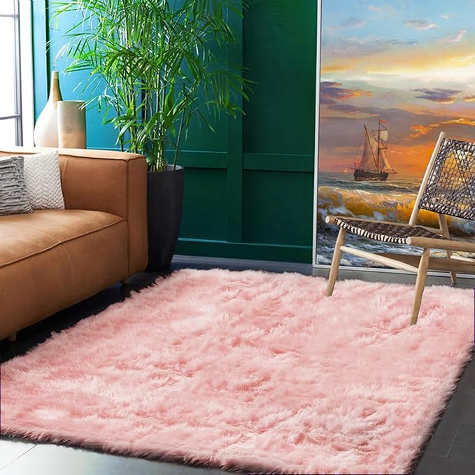 Goolela Pink Area Rug 5x7 Fluffy Fuzzy Furry Rug for Girls Bedroom Living Room Faux Sheepskin Fur Shaggy Plush Washable Rectangle