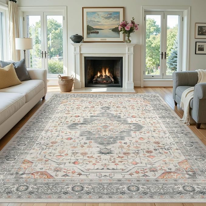 Rugxara 8x10 Washable Area Rug for Living Room, Vintage Neutral Extra Large Boho Rugs for Office, Kids Room, Farmhouse, Durable Low Pile Non Slip Carpet for High Traffic Areas, Taupe