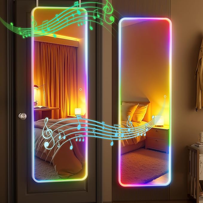 Hasipu 55"x16"LED RGB Door Mirror Full Length with Bluetooth Speaker, Full Body Full Length Over The Door Mirror with Lights, Door Hanging & Wall Mounted Mirror for Bedroom, Living Room, Cloakroom