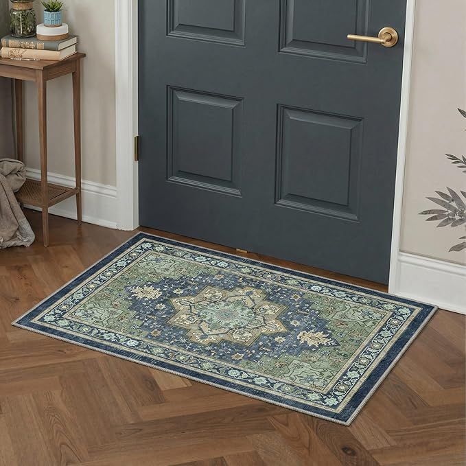 GENIMO 5x7 Area Rugs for Living Room, Machine Washable Rug, Non Slip Indoor Vintage Carpet, Low Pile Lightweight Chenille Print Carpet for Bedroom Dining Room Home Office, Green & Navy