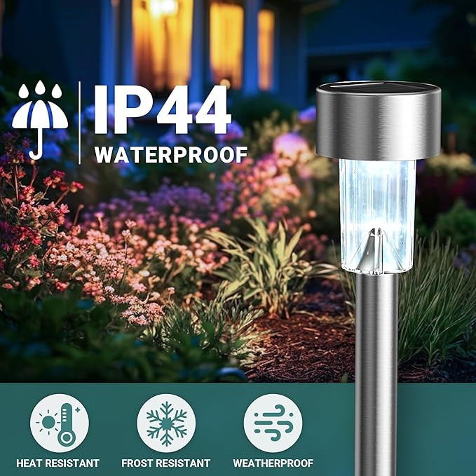 GIGALUMI Solar Lights Outdoor Waterproof, 12 Pack, Stainless Steel LED Solar Garden Lights for Patio, Lawn, Yard and Landscape, Cold White