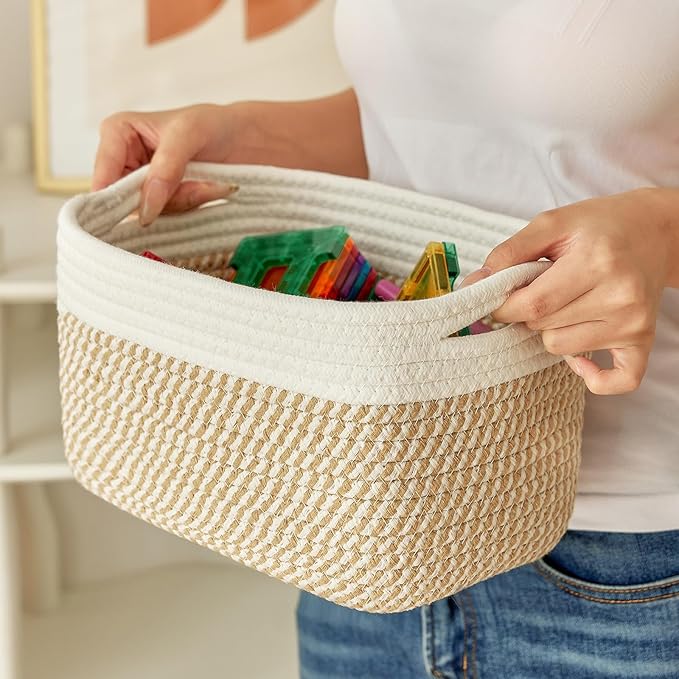 R RUNKA Small Cotton Rope Basket – Storage Bin for Organizing (10.6" x 6.7" x 6.7"), Bathroom Storage Basket for Shelf, Counter & Closet（White & Mixed Camel）
