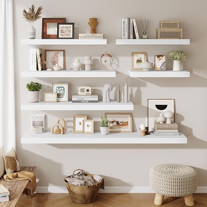 Fun Memories 48 Inch Floating Shelves for Wall - 12 Inch Deep Fireplace Mantel Shelf - Wood Floating Shelf for Wall - Large Storage Shelves Wall Mount for Living Room & Bedroom - White - Set of 2