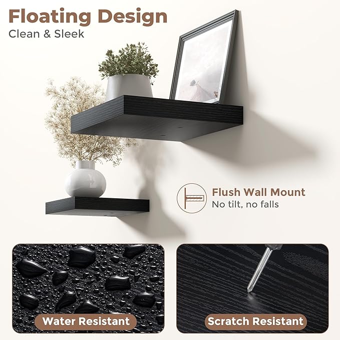 12 Inch Floating Shelves for Wall with Invisible Brackets Set of 3, 12"D Engineered Wood Wall Shelves with Wood Grain for Living Room, Bedroom, Bathroom, Kitchen Decor and Storage, Black Finish