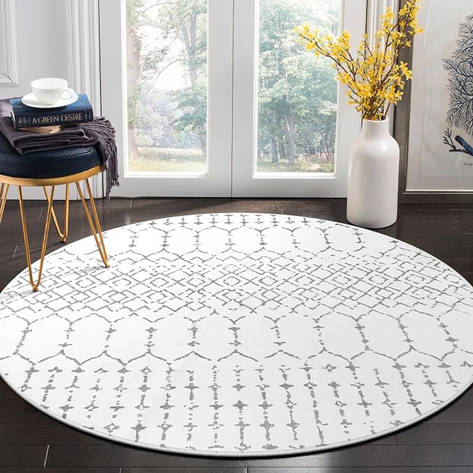 Lahome Moroccan Circle Rug 6Ft Washable Large Round Area Rugs for Living Room Non-Slip Low-Pile Dining Room Rugs for Under Table, Modern Geometric Print White Circular Rug for Bedroom Nursery Hana