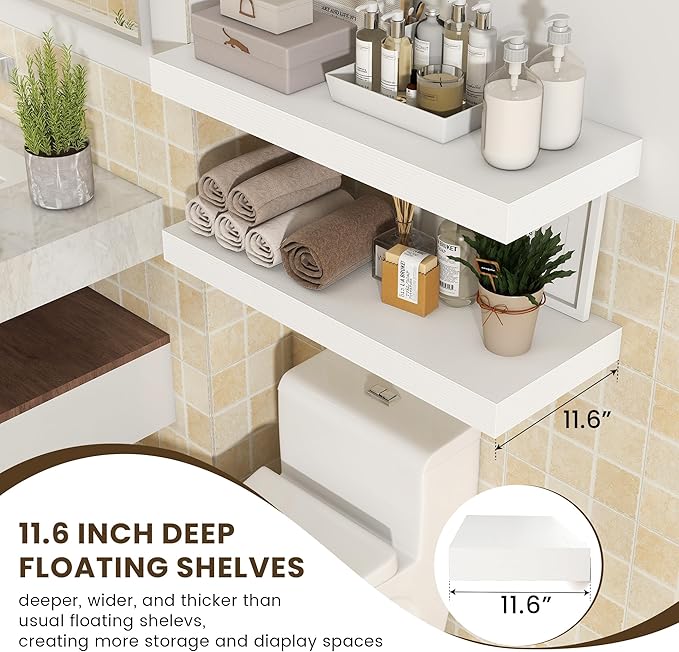 FLYJOE 30 Inch Floating Shelves | 12 Inch Deep White Floating Shelves Set of 2 | 30" W x 12" D Rustic Wood Shelves for Wall | Deep White Shelves for Living Room Bathroom Laundry Room Kitchen