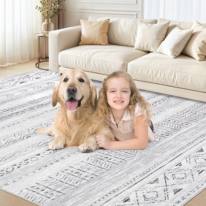 cotiled 9x12 Area Rug Living Room: Washable Boho Rugs with Non Slip Backing Large Soft Indoor Stain Resistant Carpet for Bedroom Farmhouse Dining Room Lightweight Home Decor Dark Grey