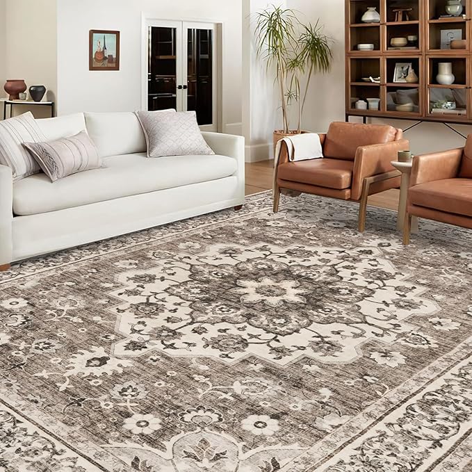 TOPRUUG Washable Oriental Area Rug - 10x12 Rugs for Living Room Soft Carpet for Bedroom Waterproof Floral Distressed Indoor Stain Resistant Non-Shedding Floor Carpets (Beige, 10x12)