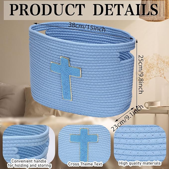 Sliner Baptisms Gifts Basket with Handles, Baptisms Cross Design Cotton Rope Basket Gifts Stuffers Storage for Christenings First Communions Religious Occasions, 15 x 10 x 9 Inch(Blue)
