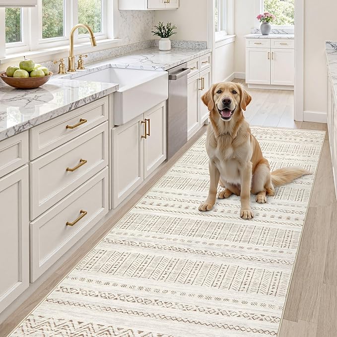 cotiled Washable 3x8 Runner Rugs: Washable Boho Rugs with Non Slip Backing Large Soft Indoor Stain Resistant Carpet for Living Room Bedroom Farmhouse Dining Room Lightweight Home Decor Brown/Cream