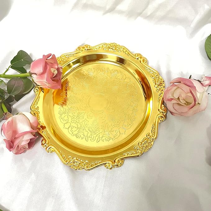 Tray Stainless Steel Decorative Trays Round Gold, Vintage Jewelry Perfume Storage Organizer with Embossed Rims, Small Display Tray Organizer for Dresser,Bedroom,Home Decor