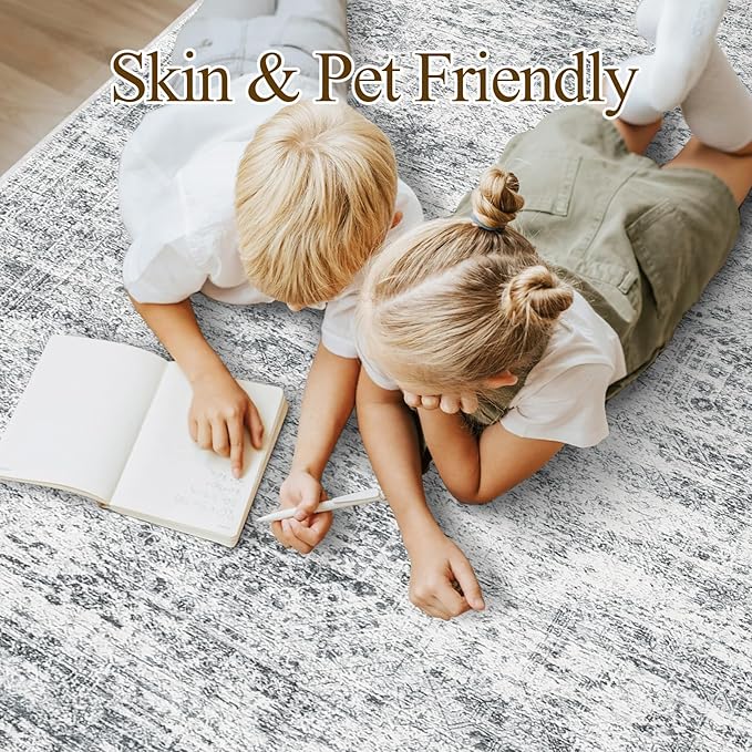Soalmost 10x14 Area Rugs for Living Room, Non Slip Machine Washable Vintage Rugs, Low Pile Lightweight Large Rug for Bedroom, Dining Room, Home Office Grey
