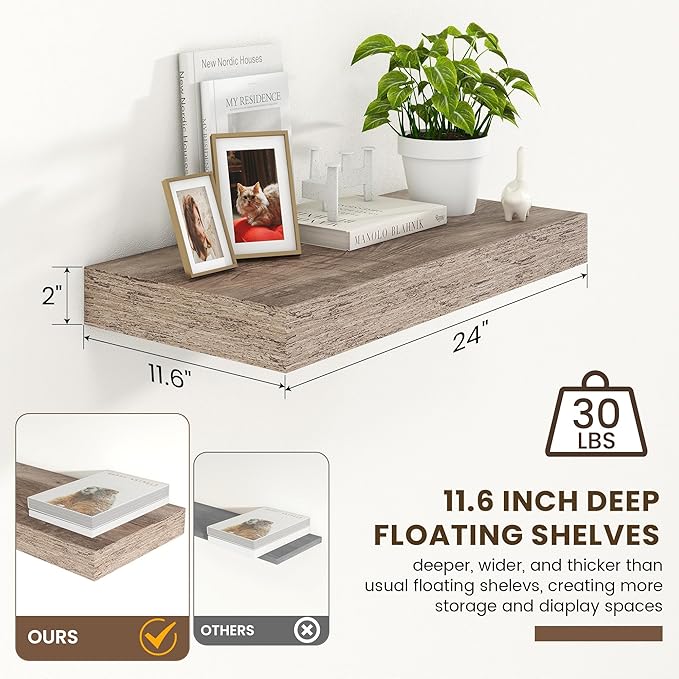FLYJOE 12 Inch Deep Floating Shelves | 24 Inch Grey Floating Shelves | 24''W x 12''D Rustic Grey Wood Shelves for Wall | Deep Wood Shelves for Living Room Bathroom Laundry Room Kitchen