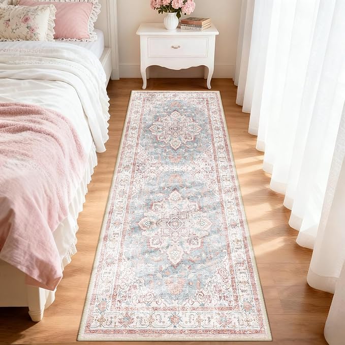 CAPALOCA Machine Washable Rugs Nursery Rug 2x6 Cute Girl Non Slip Low Pile Water Repellent Soft Print Pattern for Bedroom Indoor Decor Kids Playroom Pink Blue