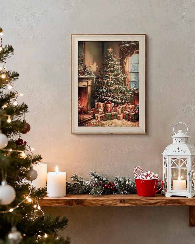 VIYYIEA Winter Framed Wall Art for Living Room, Christmas Tree Canvas Prints, Oil Painting Home Decor, Christmas Picture, Bathroom Wall Decor Gifts for Friends or Family - 16L x 12W