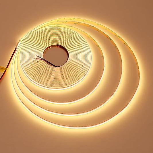 JOYLIT 24V 32.8FT/10M COB LED Strip Lights 120° 2700K Warm White Indoor 384LEDs/M High Density 7650LM Super Bright CRI 90+ Dotless Adhesive LED Tape Light for Bedroom, Kitchen, Commercial
