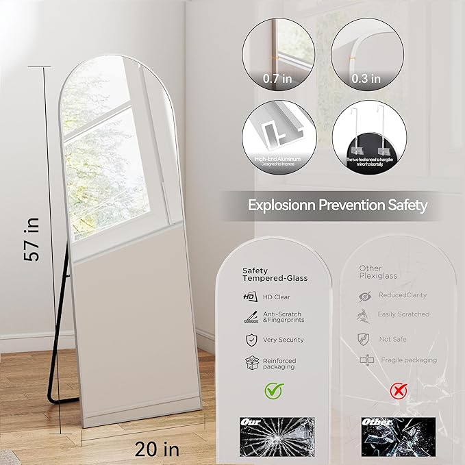 SCWF-GZ 57x20 Door Hanging Full Length Mirror, Floor (Height 5.7ft just Body in1.3ft) or Wall Mounted Metal Frame Arch Dressing Mirrors for Bedroom Bathroom Living Room 57 20 inch Silver