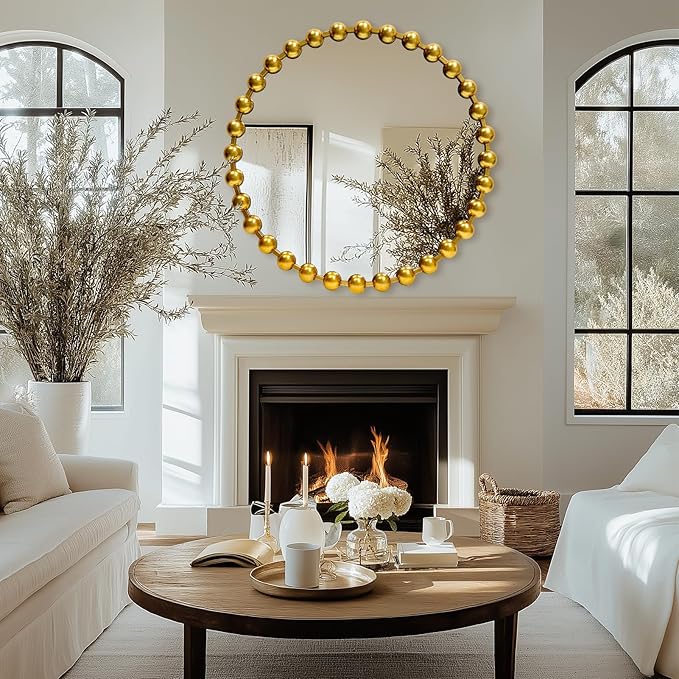 Round Gold Mirror 28'', Spherical Frame Round Mirror for Living Room, Beaded Mirror for Bathroom, Dining Roon, Bed Room, Entryway