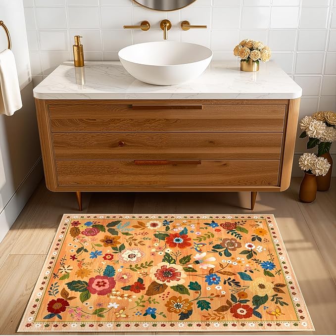 RELEANY Floral Nursery 2x3 Area Rugs Washable Print Boho Cute Carpet Non Slip Flower Low Pile for Living Room Kids Girls Playroom Bedroom Kitchen Office Farmhouse-Yellow/Orange
