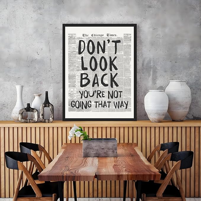 Licpach Retro Black White Newspaper Wall Art Don’t Look Back You’re Not Going That Way Motivational Poster Positive Canvas Print Aesthetic for Office Bedroom Inspirational Decor 16x24inch Black Frame