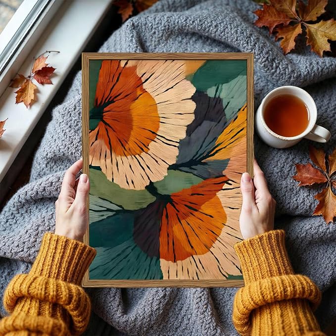 Framed Abstract Floral Wall Art, Boho Vintage Flower Pictures Wall Decor, Mid Century Modern Botanical Paintings Canvas Prints for Living Room Bedroom Office 12x16 inch