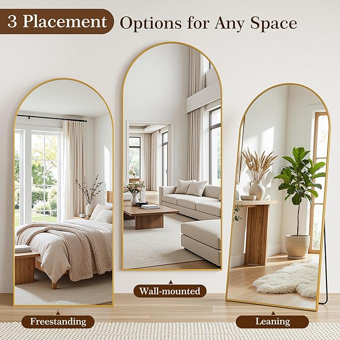 77"x38" Arched Full Length Mirror with Stand, Free Standing Leaning Wall Mounted Aluminum Alloy Frame Mirror for Bedroom Living Room Cloakroom, Gold