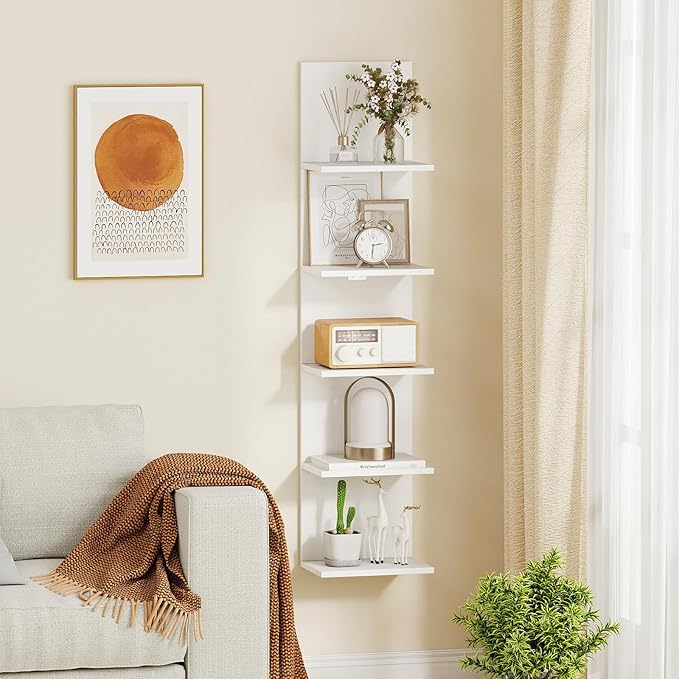 Giantex 5 Tier Wall Shelf Unit, Narrow Vertical Floating Shelves for Home Decoration and Storage Organizer, Lack Wall Shelf, Wall Mounted Display Shelves for Bedroom, Living Room, Bathroom, White