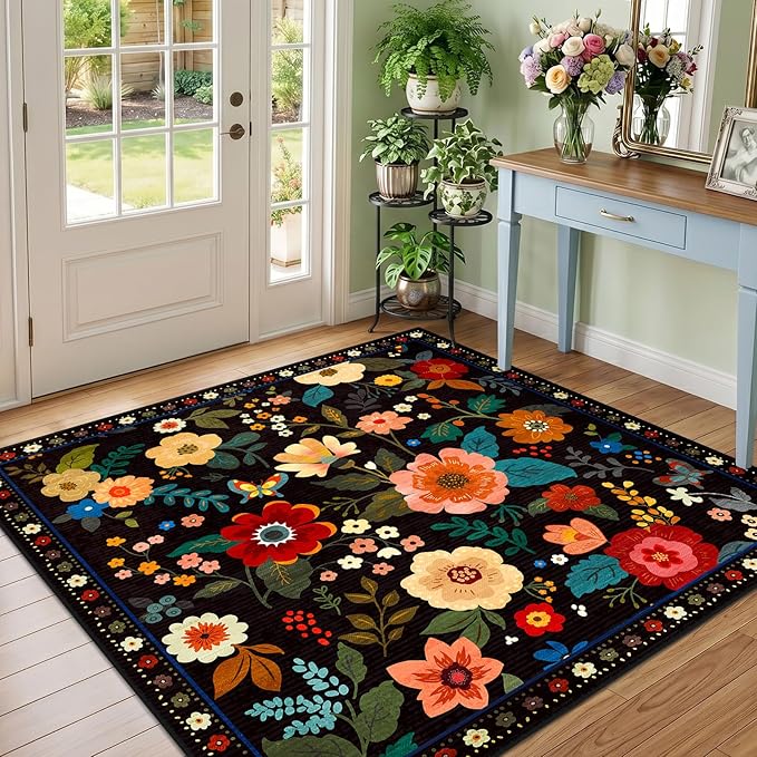 RELEANY Floral Nursery Square 5ft Area Rugs Washable Print Boho Cute Carpet Non Slip Flower Low Pile for Living Room Kids Girls Playroom Bedroom Kitchen Office Farmhouse-Black