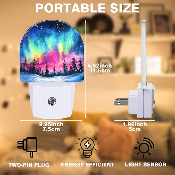 Night Light, Northern Lights in Winter Forest Sky Night Lights Plug into Wall Dusk to Dawn Sensor Round Nightlight for Women Men Energy Efficient Led Lamp 0.5W for Stairway Hallway Bedroom