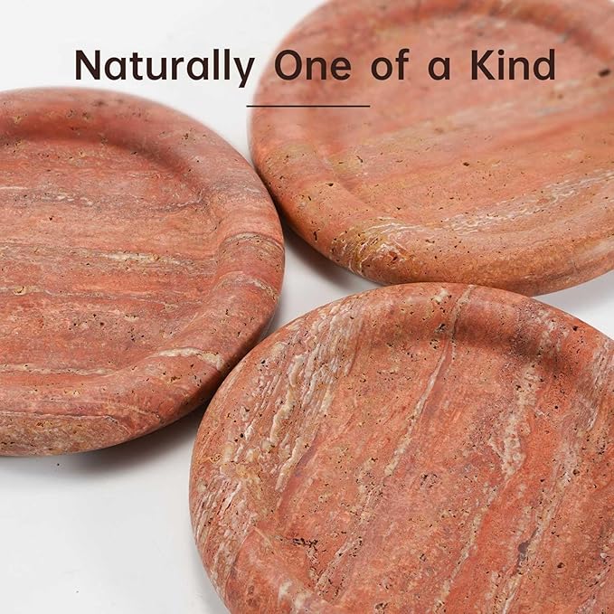 Red Travertine Makeup Organizer Tray - 8inch Round Decorative Storage Tray for Jewelry, Perfume, and Cosmetics | Natural Stone Vanity Tray for Bathroom, Bedroom, Coffee Table