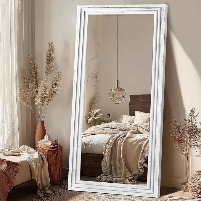 Full Length Wood Mirror 76x34 - Rustic Solid Wood Floor Mirror with Triple Layer Frame, HD Tempered Glass, Wall Mounted or Leaning Standing Mirror Vintage White Mirror for Bedroom Bathroom Living Room