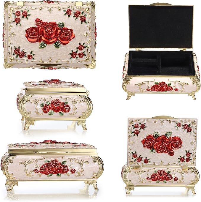 Hipiwe Metal Decorative Jewelry Box Vintage Treasure Chest Case Ornate Trinket Organizer Earrings Necklace Bracelet Storage Box Ring Holder Keepsake Box for Women