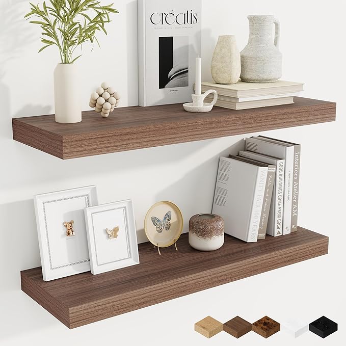 Fun Memories 9.3Inch Deep Floating Shelves for Wall, 30 Inch Rustic Wood Wall Mounted Shelves for Bathroom, Bedroom, Kitchen, Deep Floating Shelf for Storage & Home Decor (Walnut, Set of 2)
