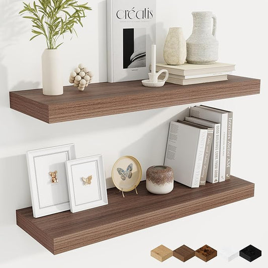 Fun Memories 9.3Inch Deep Floating Shelves for Wall, 30 Inch Rustic Wood Wall Mounted Shelves for Bathroom, Bedroom, Kitchen, Deep Floating Shelf for Storage & Home Decor (Walnut, Set of 2)