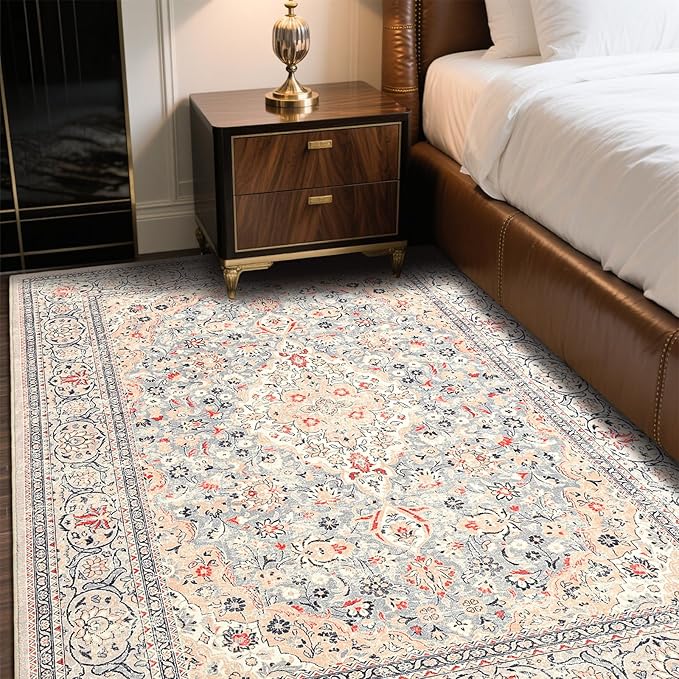 Goideal Washable Rug 3x5, Beige Area Rugs Non Slip, Indoor Low Pile Carpet with Rubber Backing for Living Room Kitchen Bathroom Entryway Office Bedroom