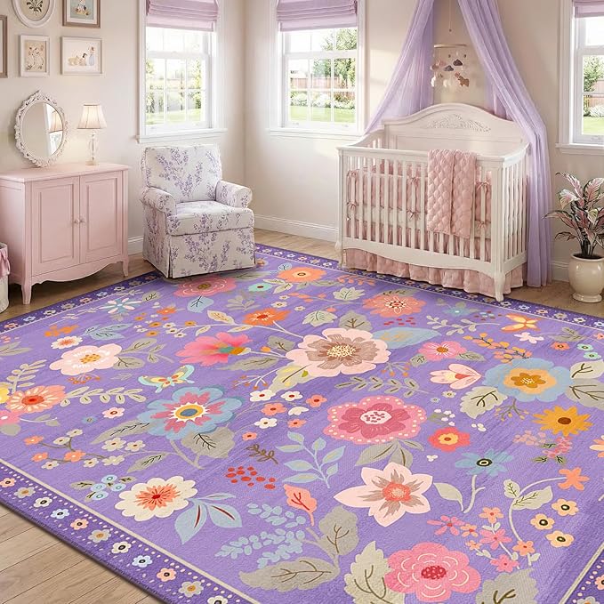 RELEANY Floral Nursery 6x9 Area Rugs Washable Print Boho Cute Carpet Non Slip Flower Low Pile for Living Room Kids Girls Playroom Bedroom Kitchen Office Farmhouse-Purple/Pink/Multi