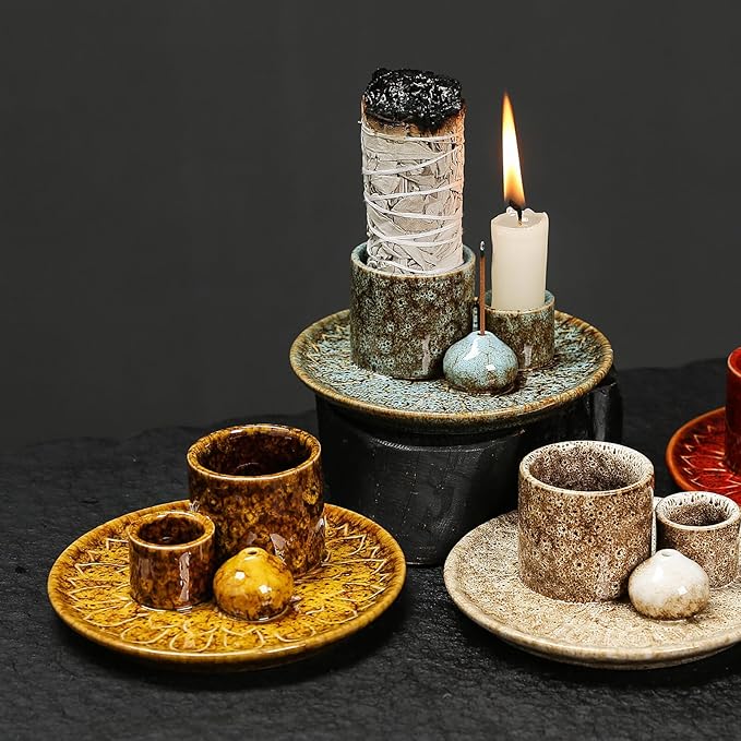 4 in 1 Multifunctional Ceramic Incense and Candle Holder with Ash Catcher Tray Suit for Burning White Sage, Palo Santo Sticks (Tan)
