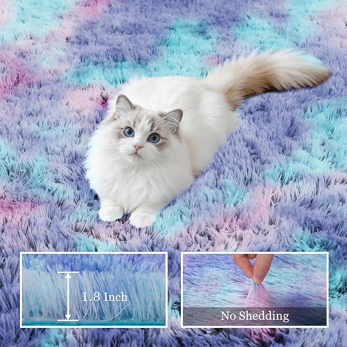 Fluffy 4x6 Area Rugs for Living Room Bedroom: Ultra Soft Shag Rug Non-Slip Non-Shedding Small Plush Bedside Rug Indoor Floor Carpets for Kids Room Playroom Entryway Nursery Dorms Home Rainbow Purple
