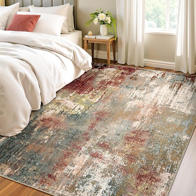 RELEANY Washable Area Rugs 4'x6' Non-Slip Modern Abstract Soft for Living Room Entryway Bedroom Nursery, Print Pattern, Brown Rust Red Green Blue Multi