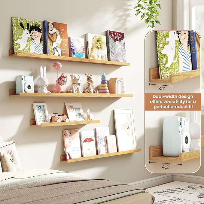 Fun Memories Picture Ledge Shelves Set of 4, 32 Inch Rustic Wall Mounted Floating Shelves with Lip for Home Storage and Décor in Bathroom, Kitchen, Nursery, Bedroom, Living Room, Oak