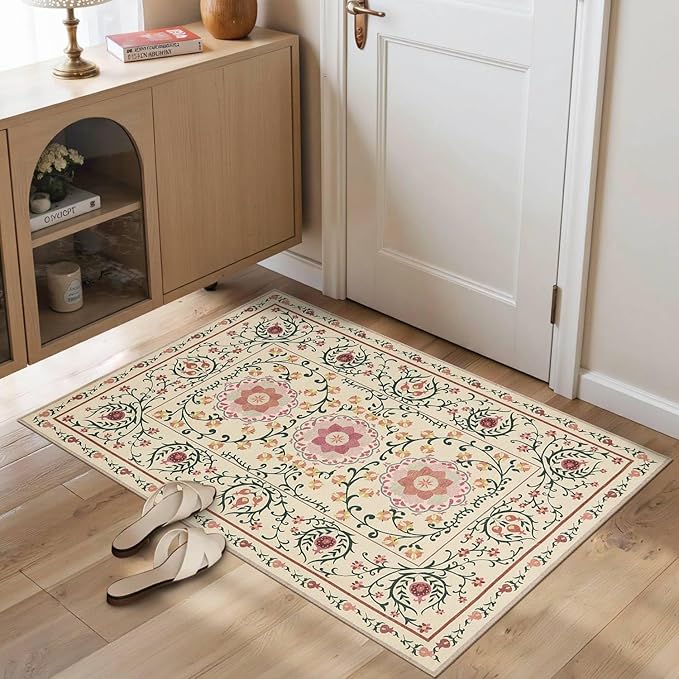 Rugxara Door Mat Floral Entryway Rug, Washable Samll 2x3 Rugs, Boho Yellow Front Door Mats, Non Slip & Low Pile Throw Accent Carpet for Indoor Entrance, Bathroom and Kitchen(Yellow 2x3ft)