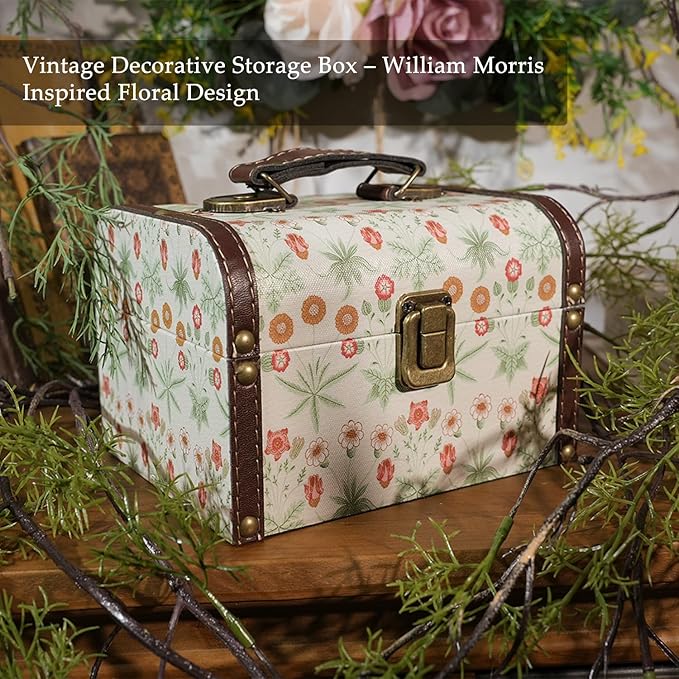Vintage Decorative Storage Box with Handle, Retro Floral William Morris Keepsake Organizer Chest for Jewelry, Trinkets, Gift Packaging and Home Decor, 7 x 5.6 x 4.7 Inch