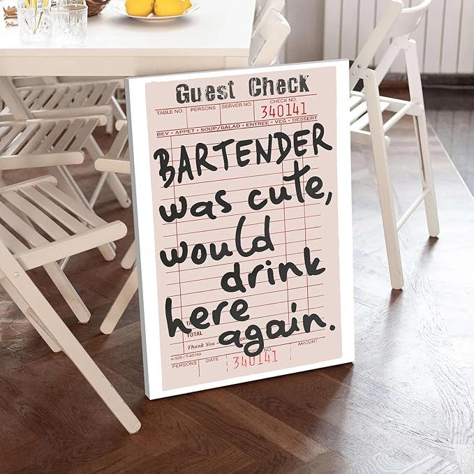 Framed Fun Bar Canvas Wall Art Bar Cart Accessories and Decor Trendy Preppy Black White Retro Guest Check Wall Decor Vintage Canvas Artwork for Home Kitchen Wall Decoration 16x24inch, Ready to Hang